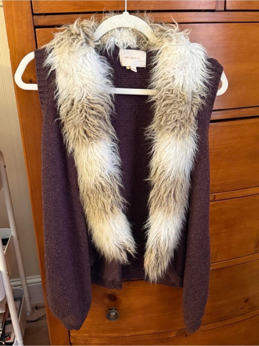 Brown Knit Vest with Cream Fur Collar
